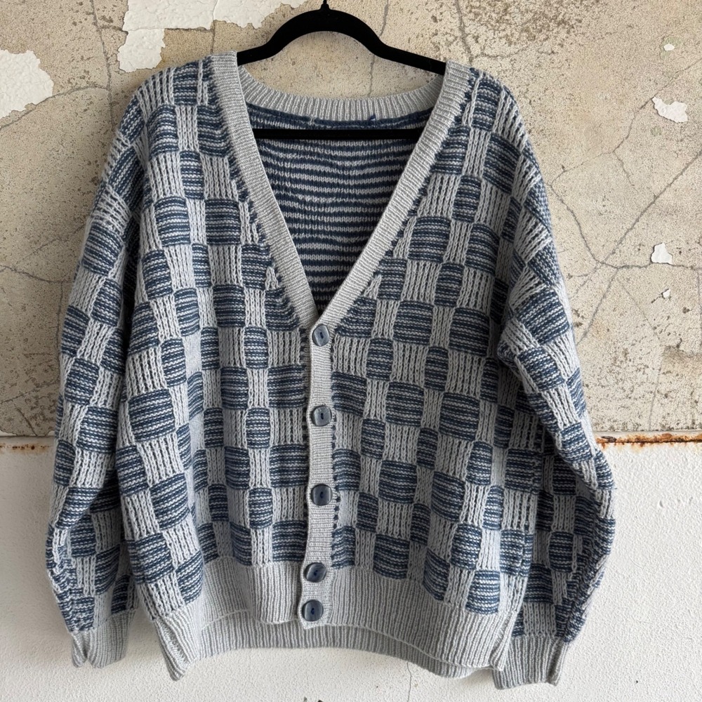 Vintage Cardigan Sweater Checkerboard Chunky Knit Oversized Button Up Grandpa